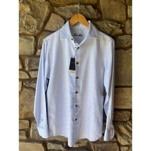 NWT Tasso Elba Mens Small Blue White Pattern Cotton Button Down Shirt